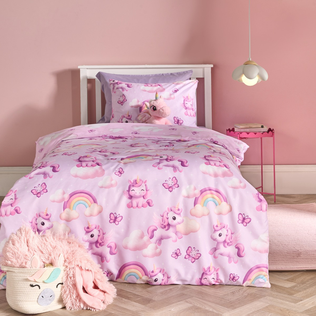 OHS Unicorn Fun Print Duvet Cover Set, Lilac - Double>