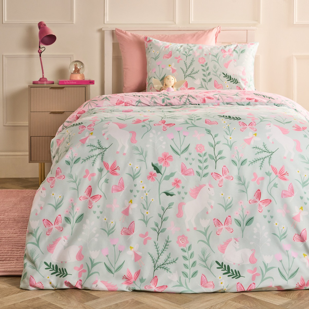 OHS Enchanted Unicorn Print Duvet Cover Set, Sage/Pink - Single>