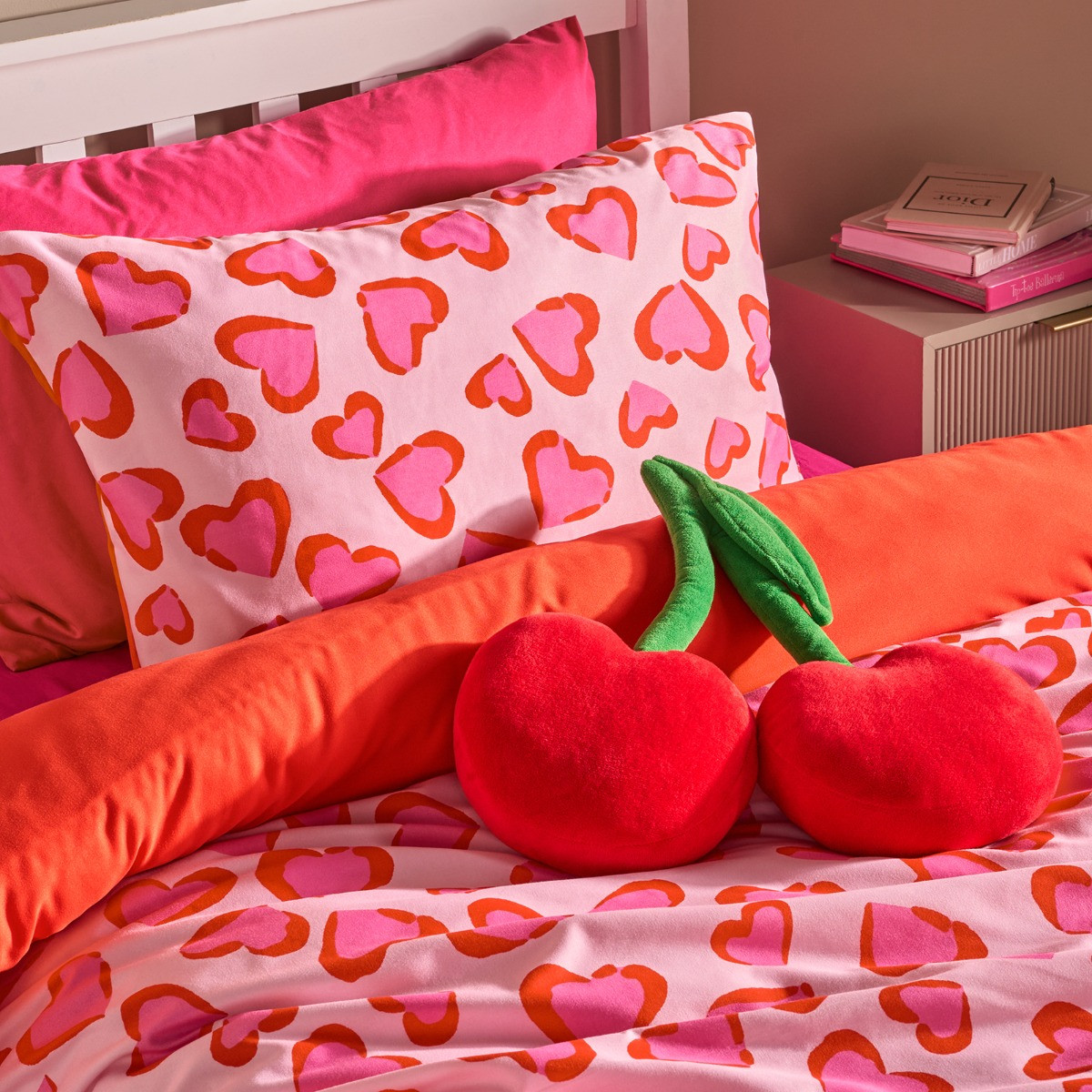 OHS Heart Leopard Print Duvet Cover Set, Pink - Double>
