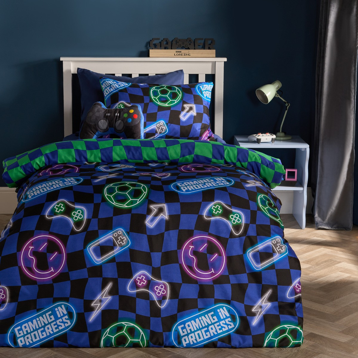 OHS Neon Checkerboard Duvet Cover Set, Blue - Single>