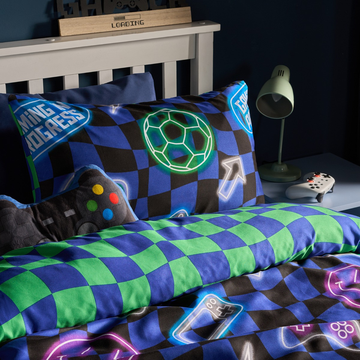 OHS Neon Checkerboard Duvet Cover Set, Blue - Single>