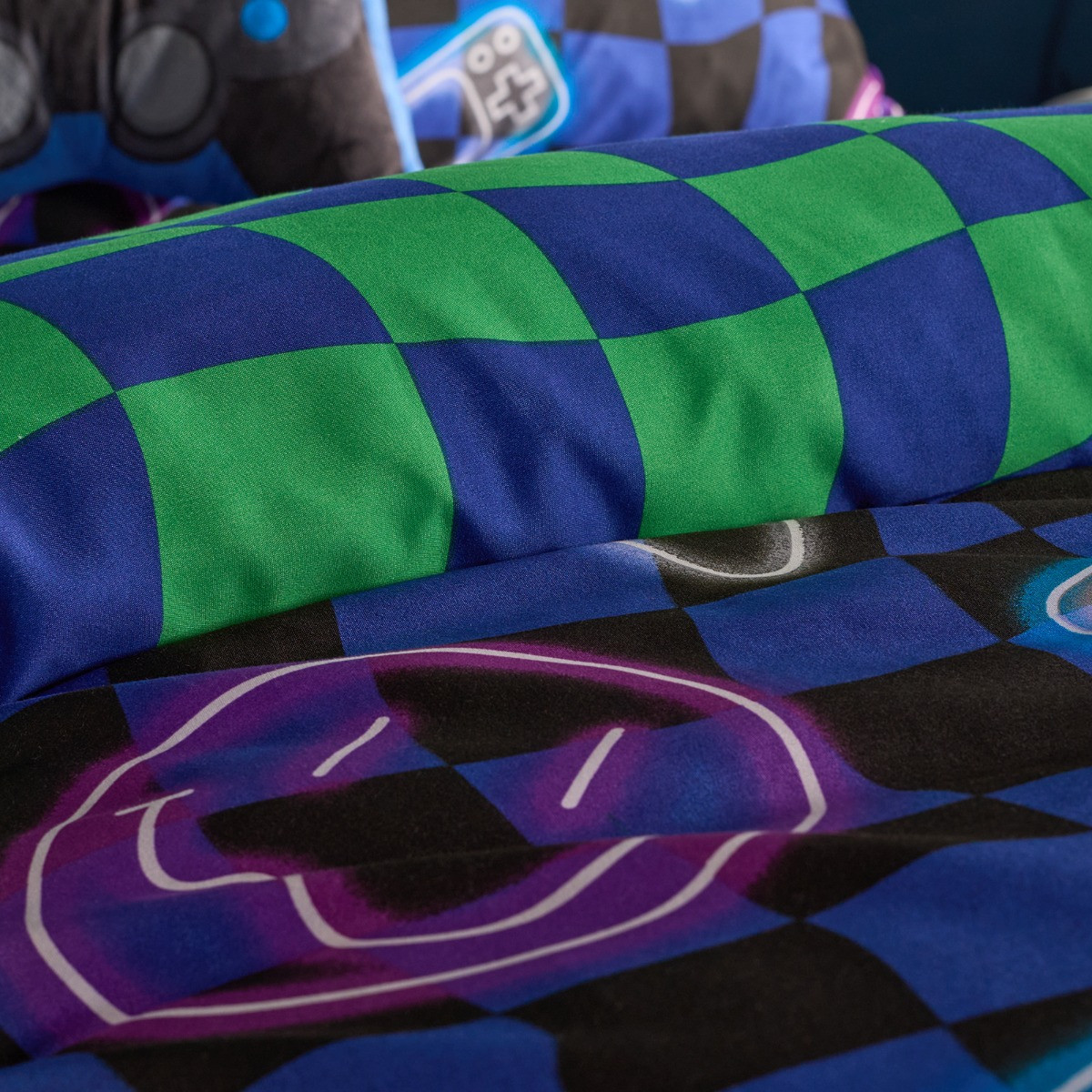 OHS Neon Checkerboard Duvet Cover Set, Blue - Single>