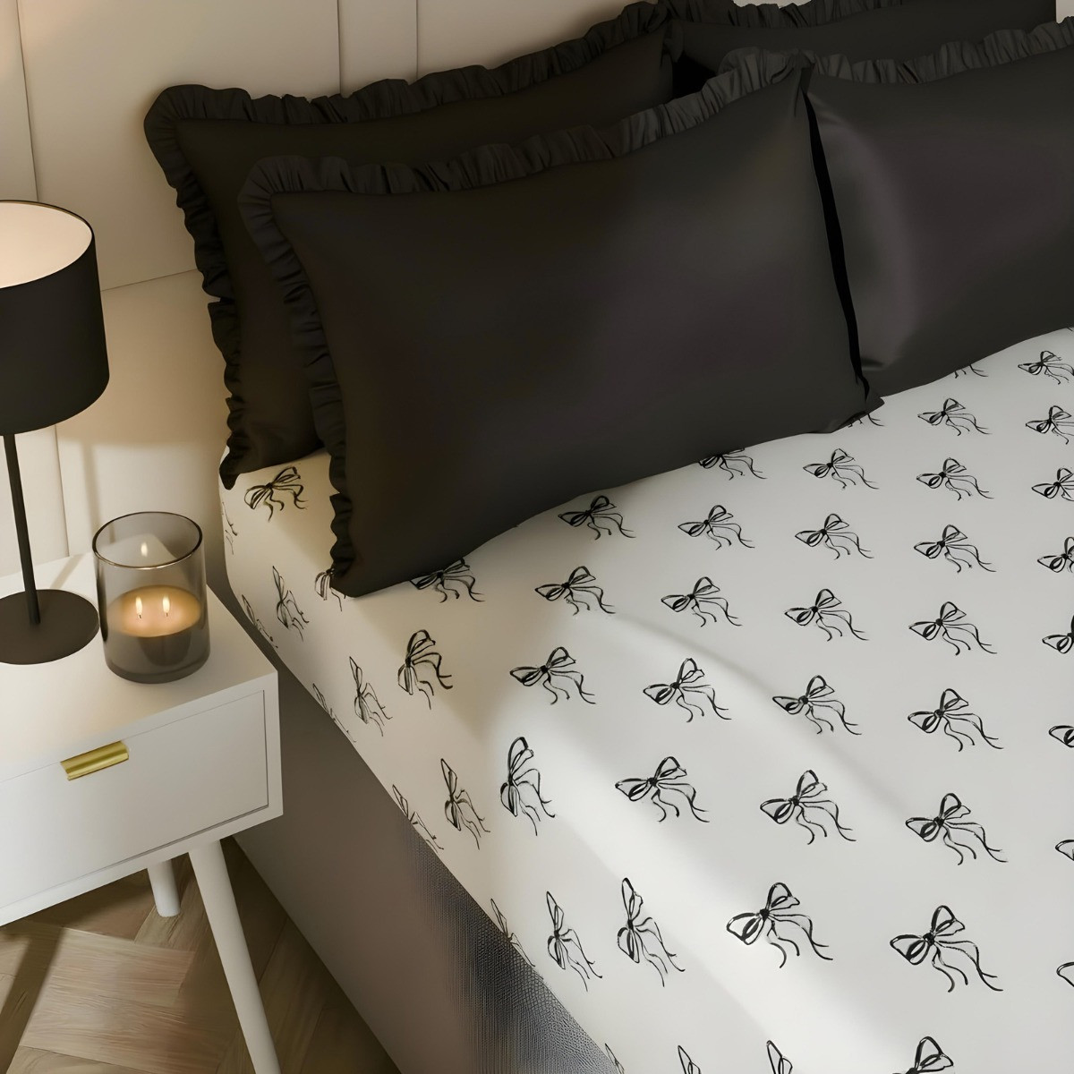 OHS Bow Print Fitted Sheet, Monochrome - King>