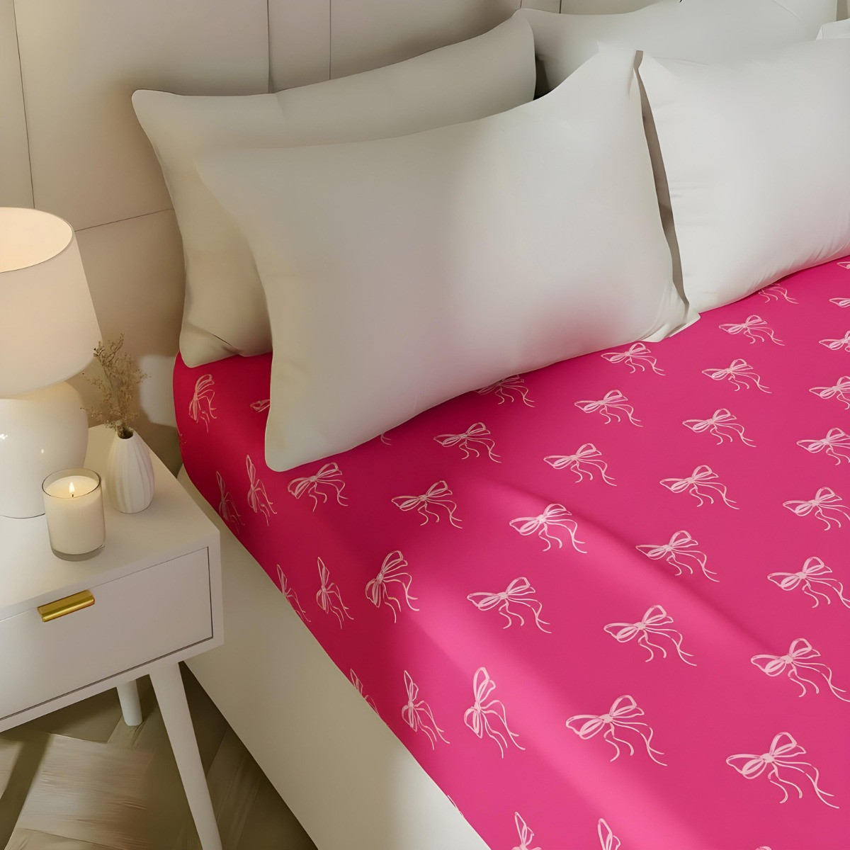 OHS Bow Print Fitted Sheet, Hot Pink - Single>