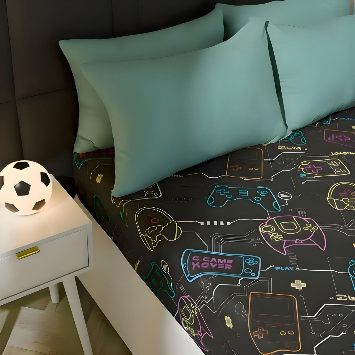 OHS Gaming Print Fitted Sheet, Black - Single>