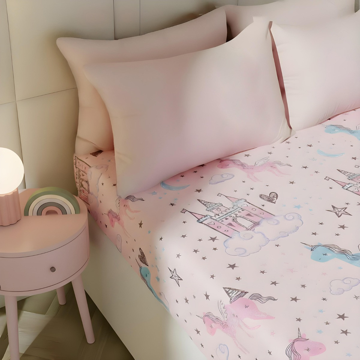 OHS Unicorn Kingdom Print Fitted Sheet, Pink - Single>