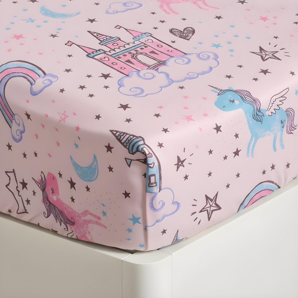 OHS Unicorn Kingdom Print Fitted Sheet, Pink - Single>