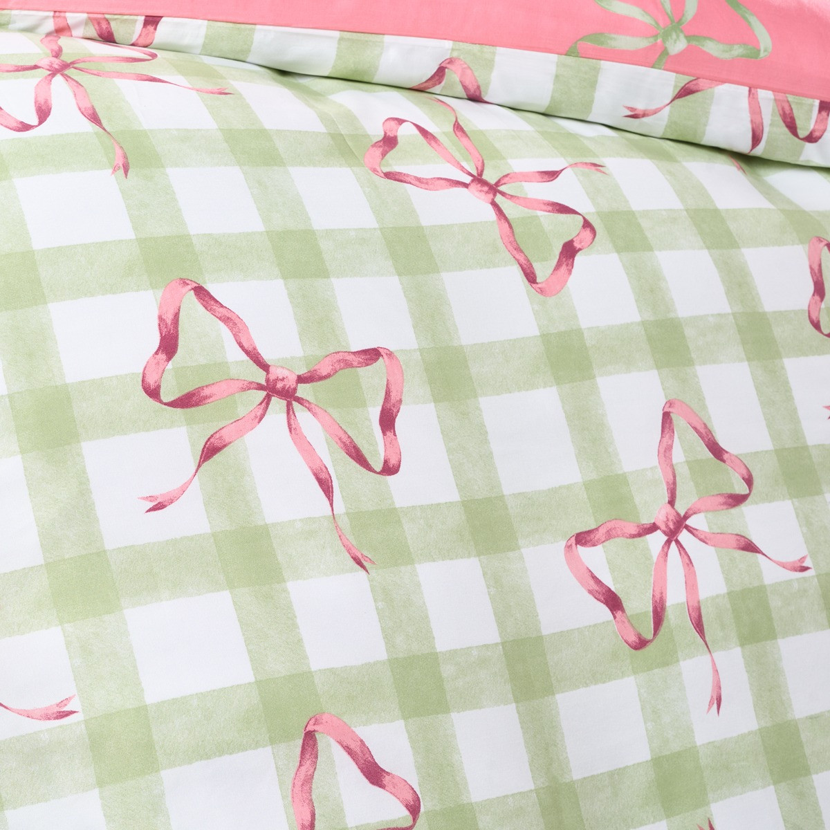 OHS Bow Print Gingham Duvet Cover & Frill Edge Pillowcase Set, Green/White - Single>