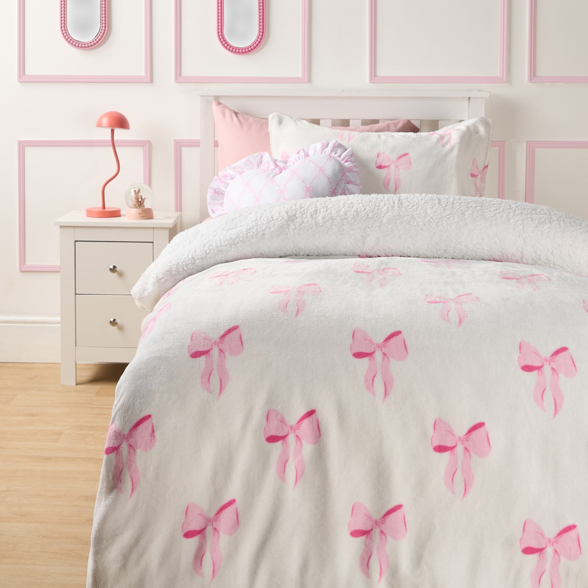 OHS Bow Print Fleece Duvet Cover Set, Pink/White - Double>