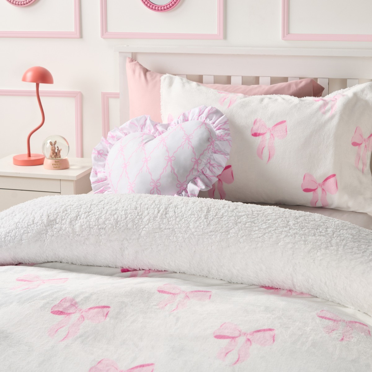 OHS Bow Print Fleece Duvet Cover Set, Pink/White - Double>