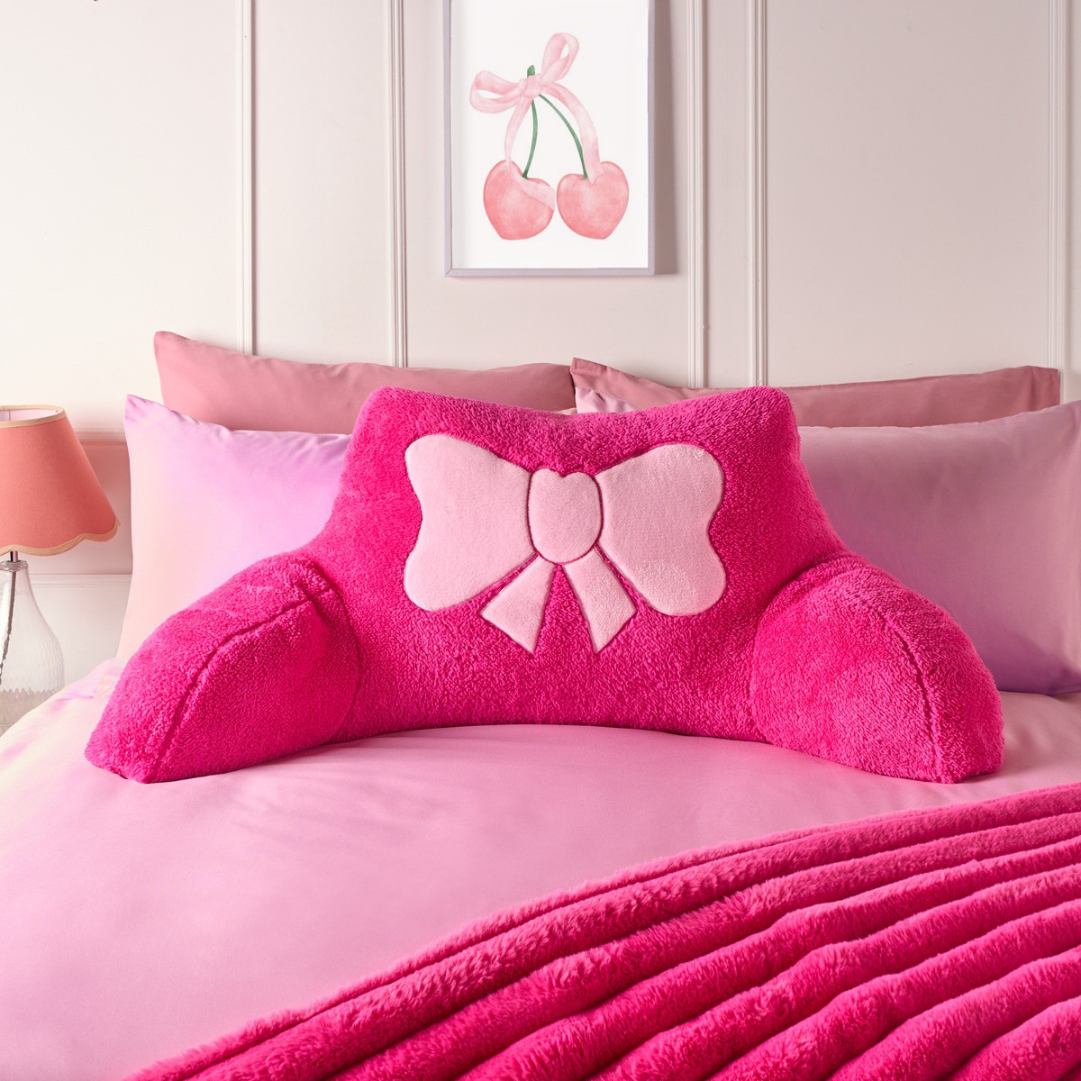 OHS Bow Embroidered Teddy Cuddle Cushion - Hot Pink>