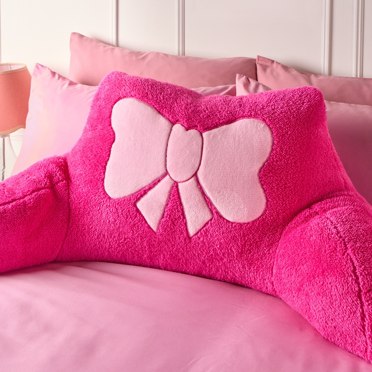 OHS Bow Embroidered Teddy Cuddle Cushion - Hot Pink>