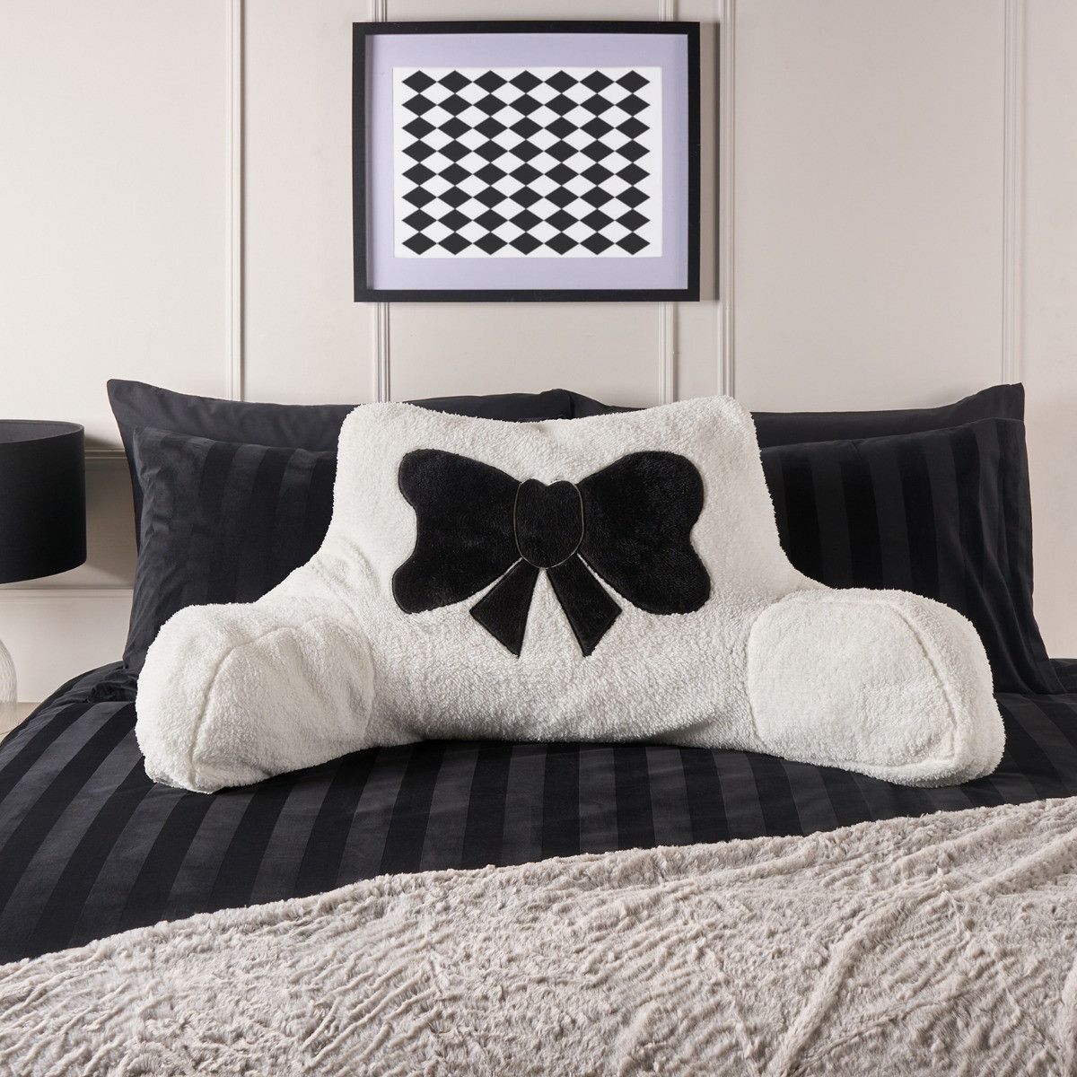 OHS Bow Embroidered Teddy Cuddle Cushion - Monochrome>