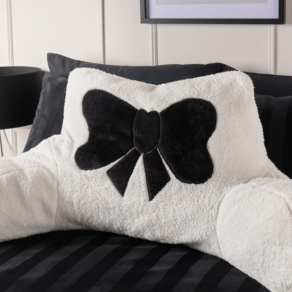 OHS Bow Embroidered Teddy Cuddle Cushion - Monochrome>