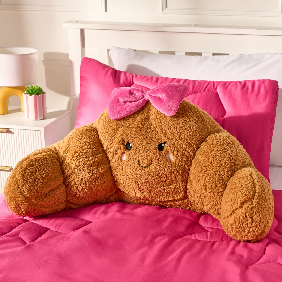 OHS Bowed Croissant Cuddle Cushion - Natural/Hot Pink>
