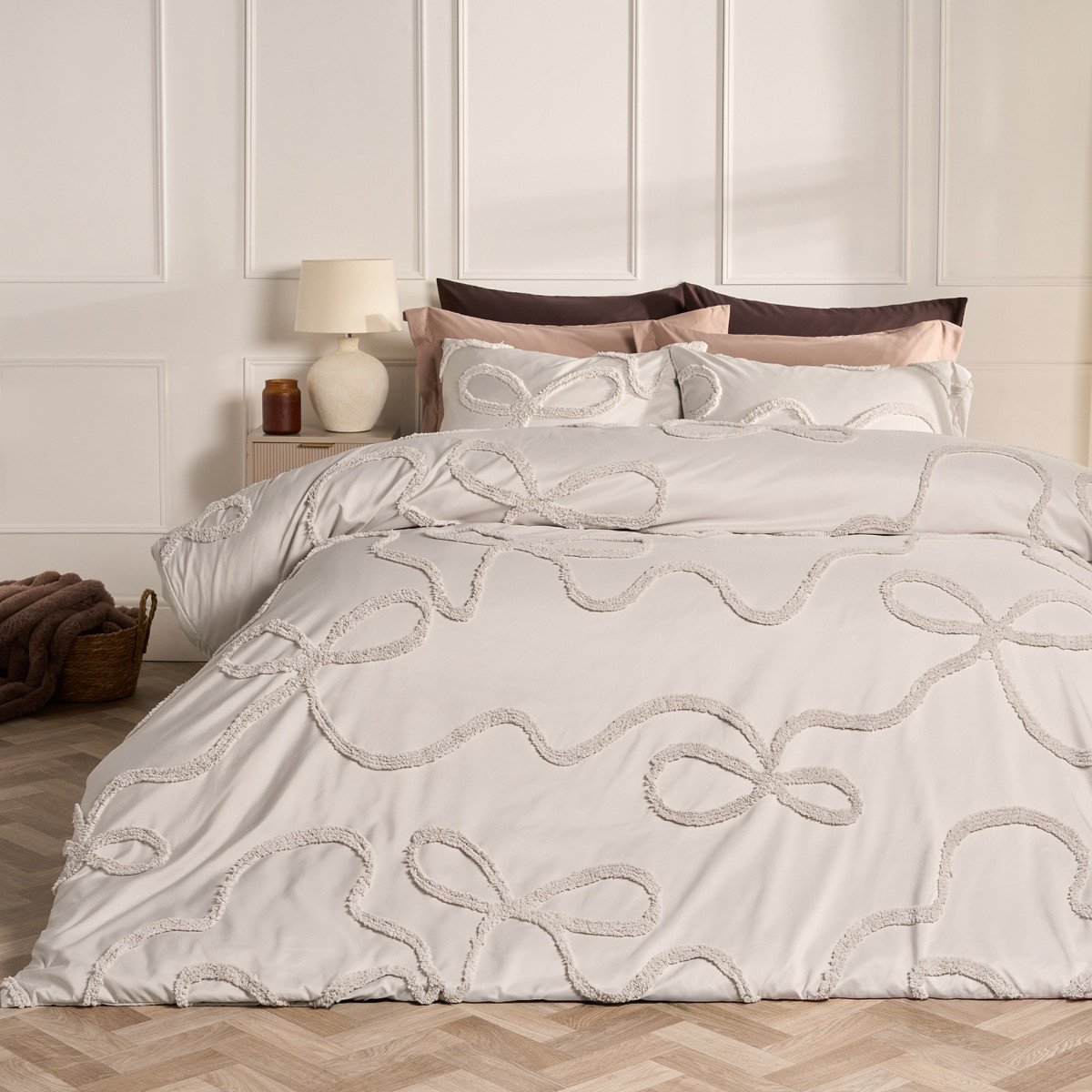 OHS Bows Tufted Duvet Cover Set - Stone>