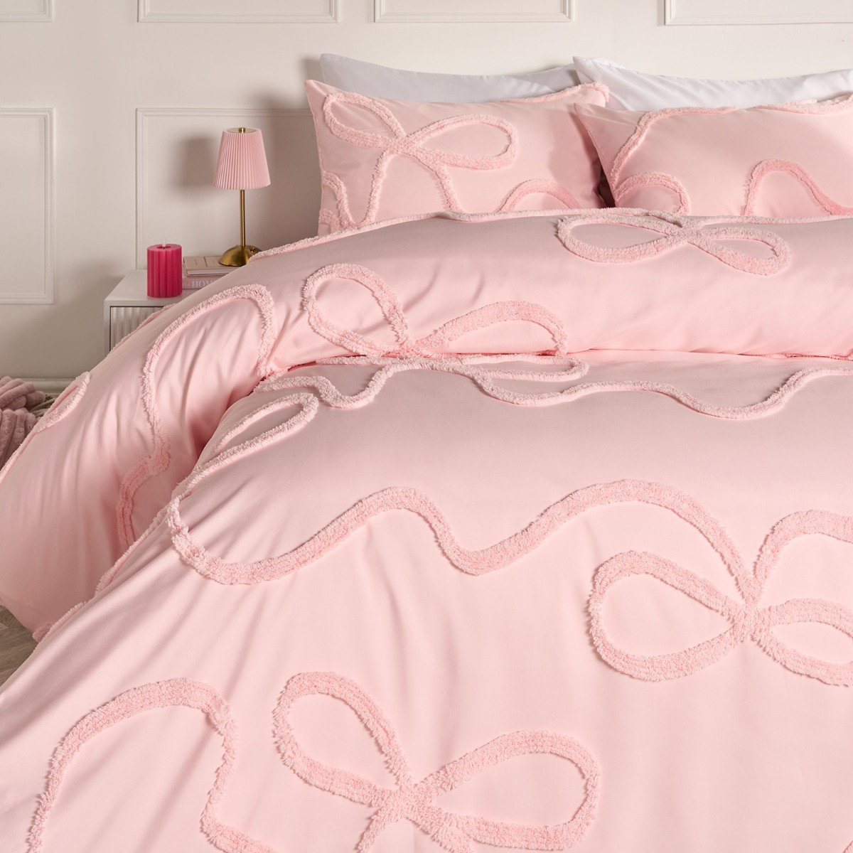 OHS Bows Tufted Duvet Cover Set, Pink - Double>