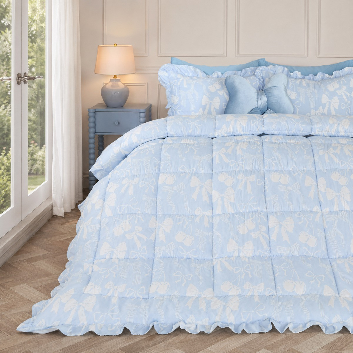 OHS Bow Print Frill Edge Coverless 7.5 Tog Duvet Set - Blue>