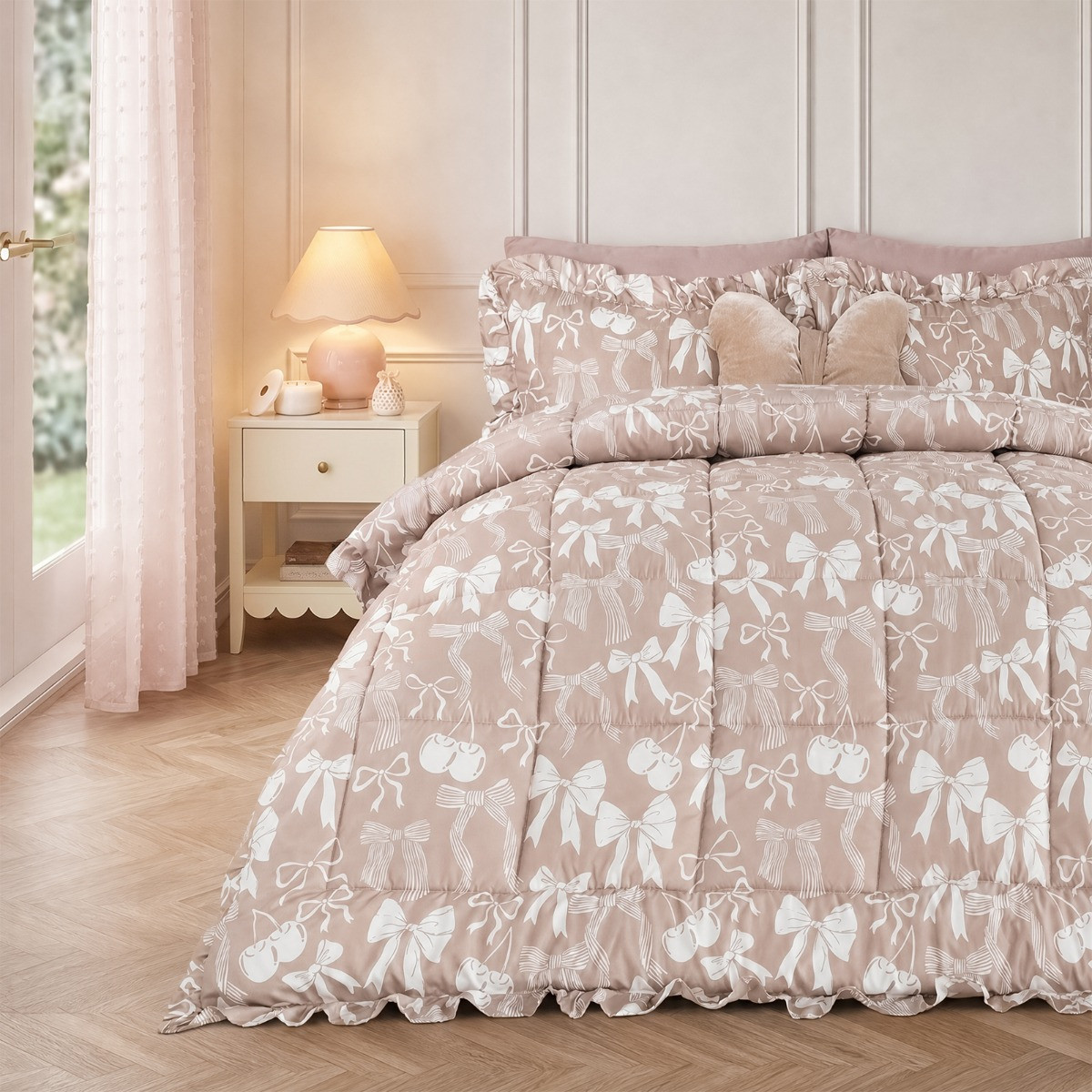 OHS Bow Print Frill Edge Coverless 7.5 Tog Duvet Set, Natural - King>