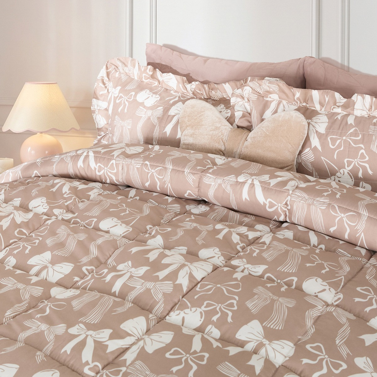 OHS Bow Print Frill Edge Coverless 7.5 Tog Duvet Set, Natural - King>