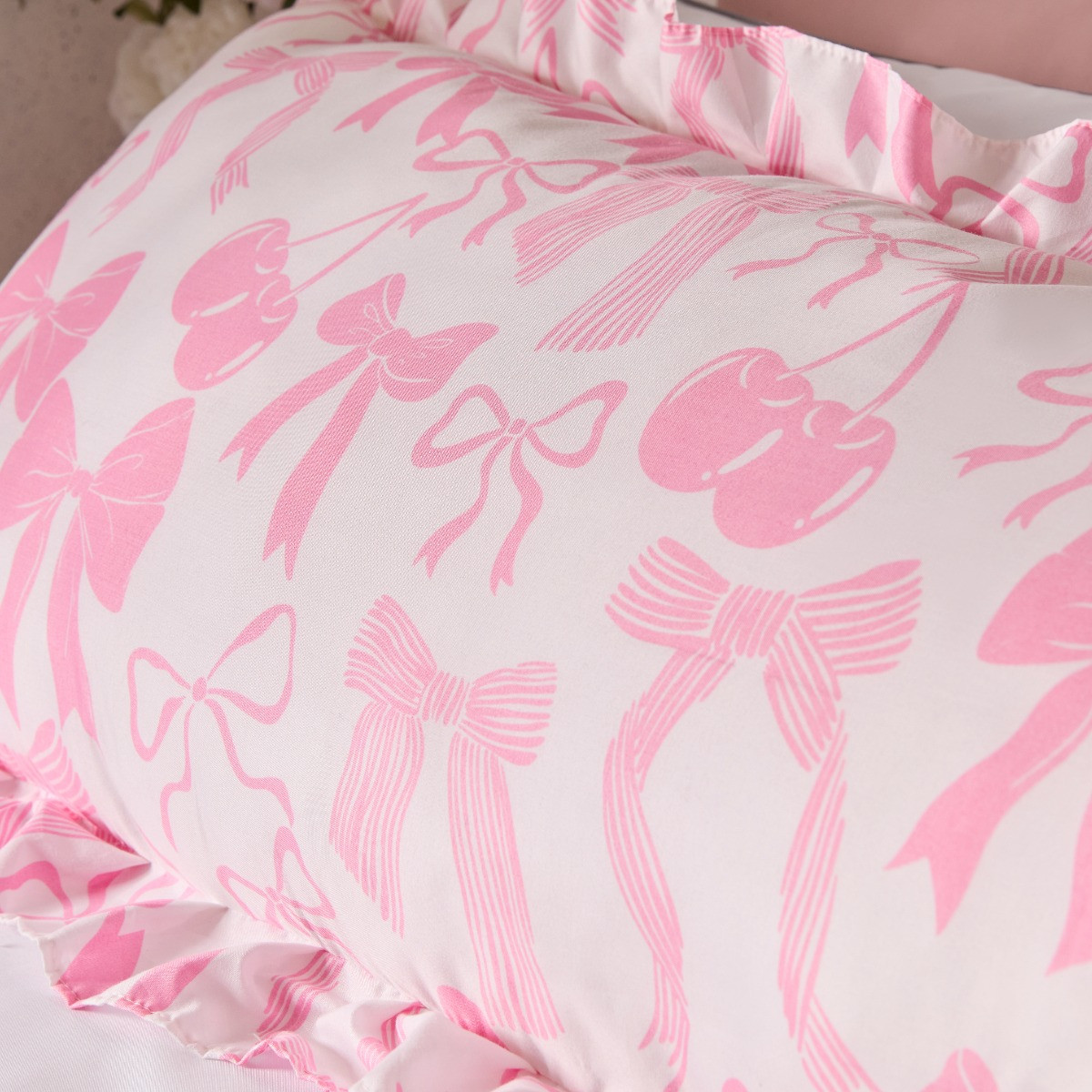 OHS Bow Print Frill Edge Bolster Pillow - Pink>