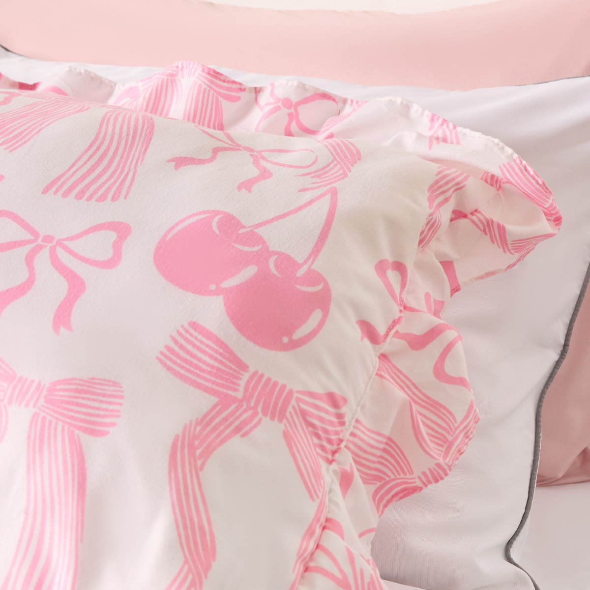 OHS Bow Print Frill Edge Bolster Pillow - Pink>