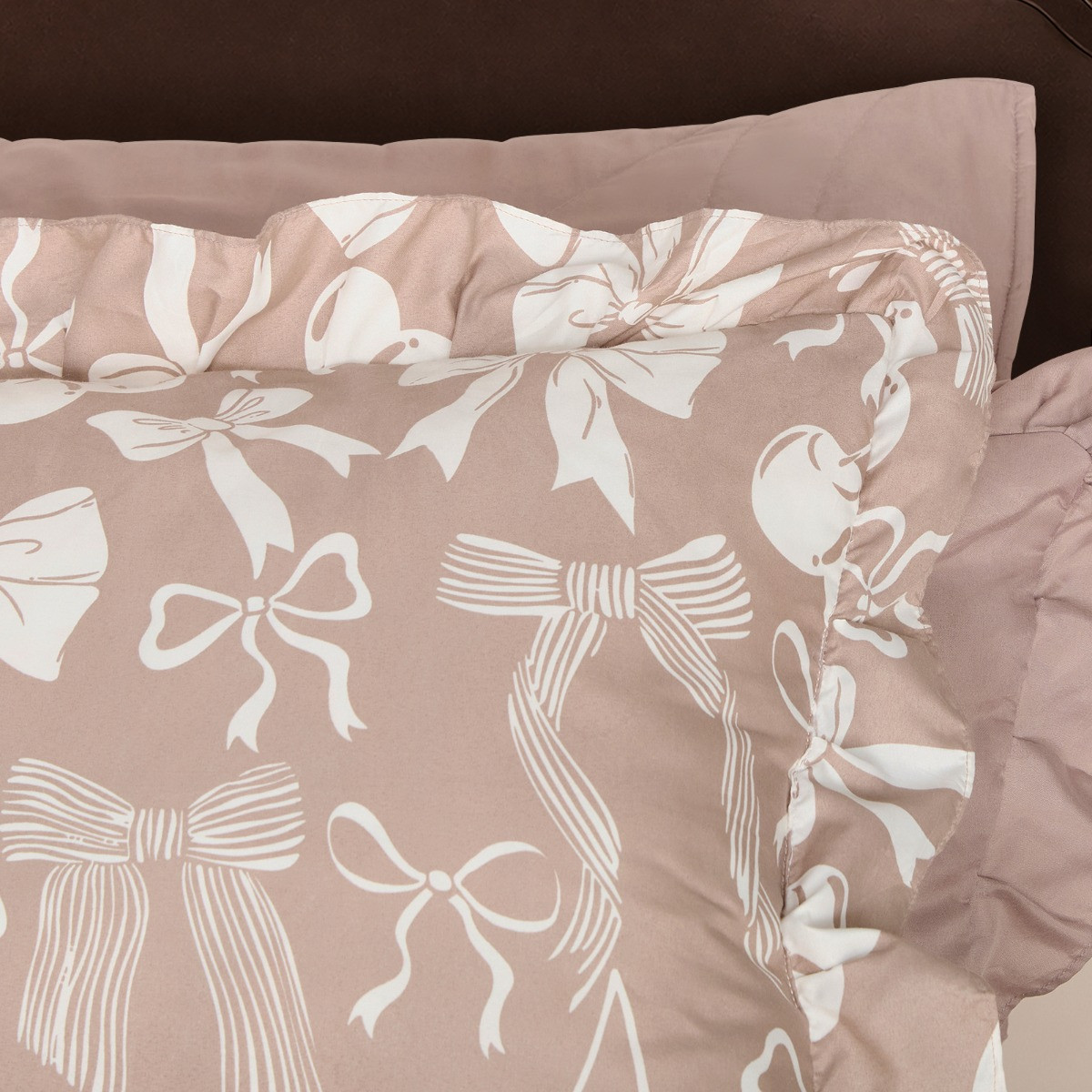 OHS Bow Print Frill Edge Bolster Pillow - Natural>