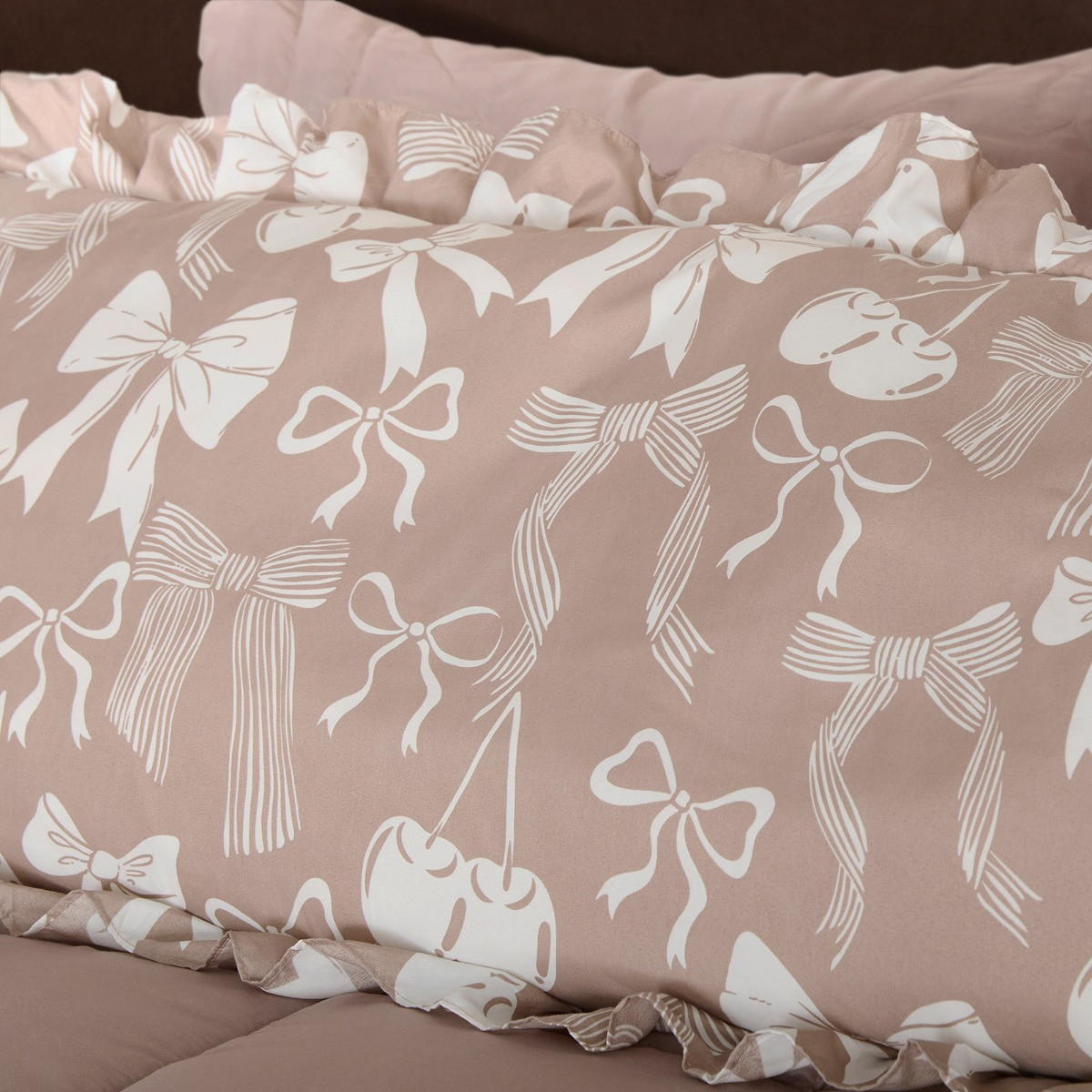 OHS Bow Print Frill Edge Bolster Pillow - Natural>