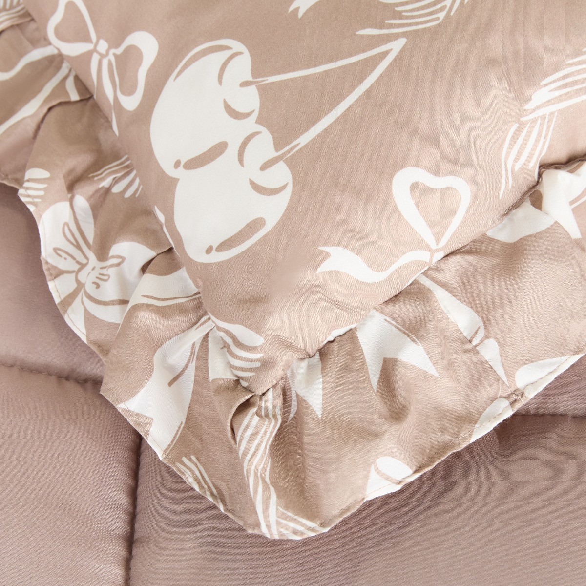 OHS Bow Print Frill Edge Bolster Pillow - Natural>