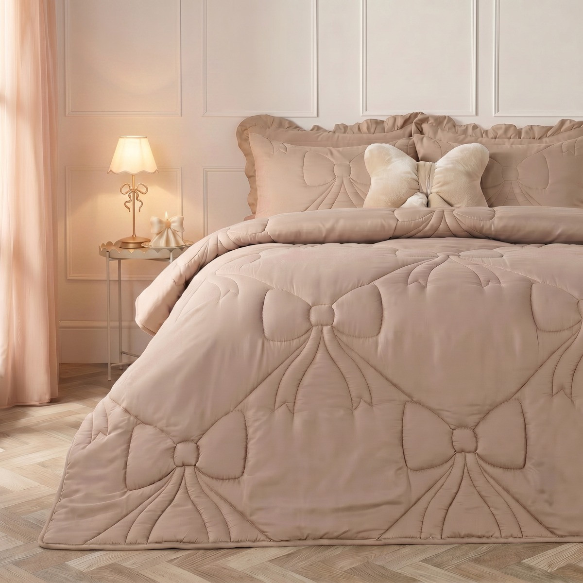 OHS Diamond Bow Quilted Coverless 7.5 Tog Duvet Set, Natural - Double>