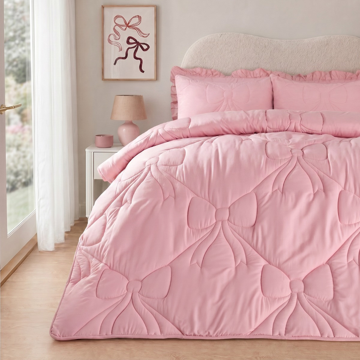 OHS Diamond Bow Quilted Coverless 7.5 Tog Duvet Set - Pink>