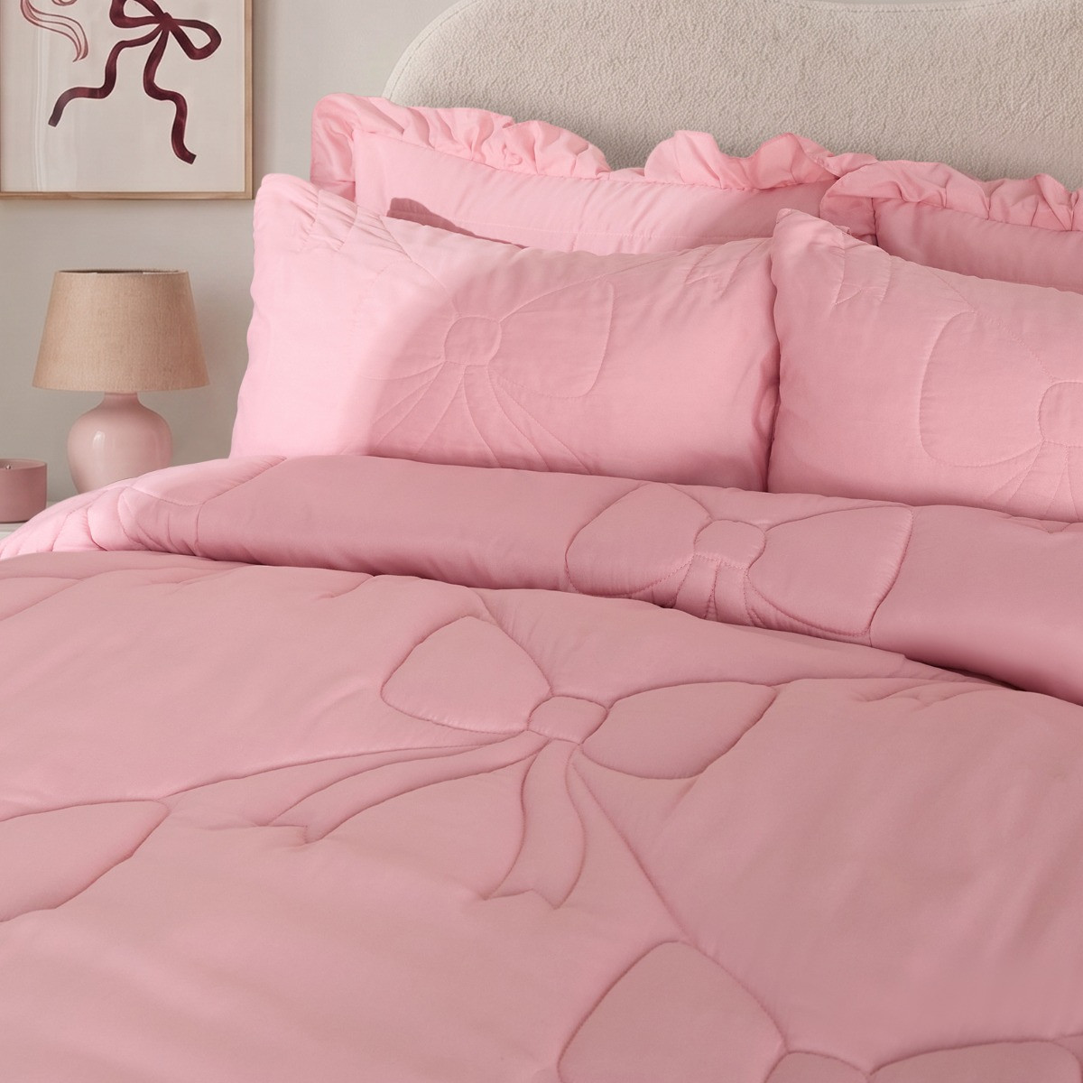 OHS Diamond Bow Quilted Coverless 7.5 Tog Duvet Set - Pink>