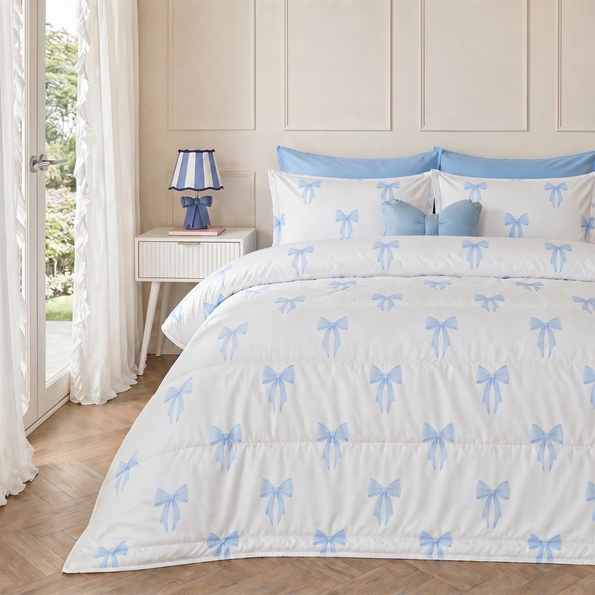 OHS Bow Print Coverless 10.5 Tog Duvet Set, Blue - King>