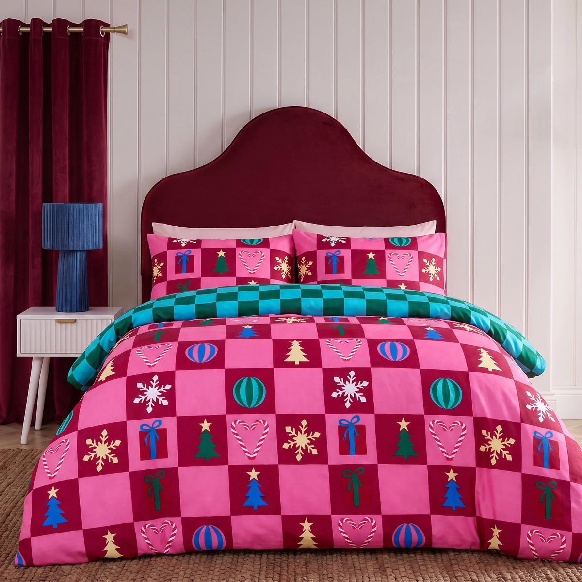 OHS Christmas Checkerboard Reversible Duvet Cover Set - Multi>