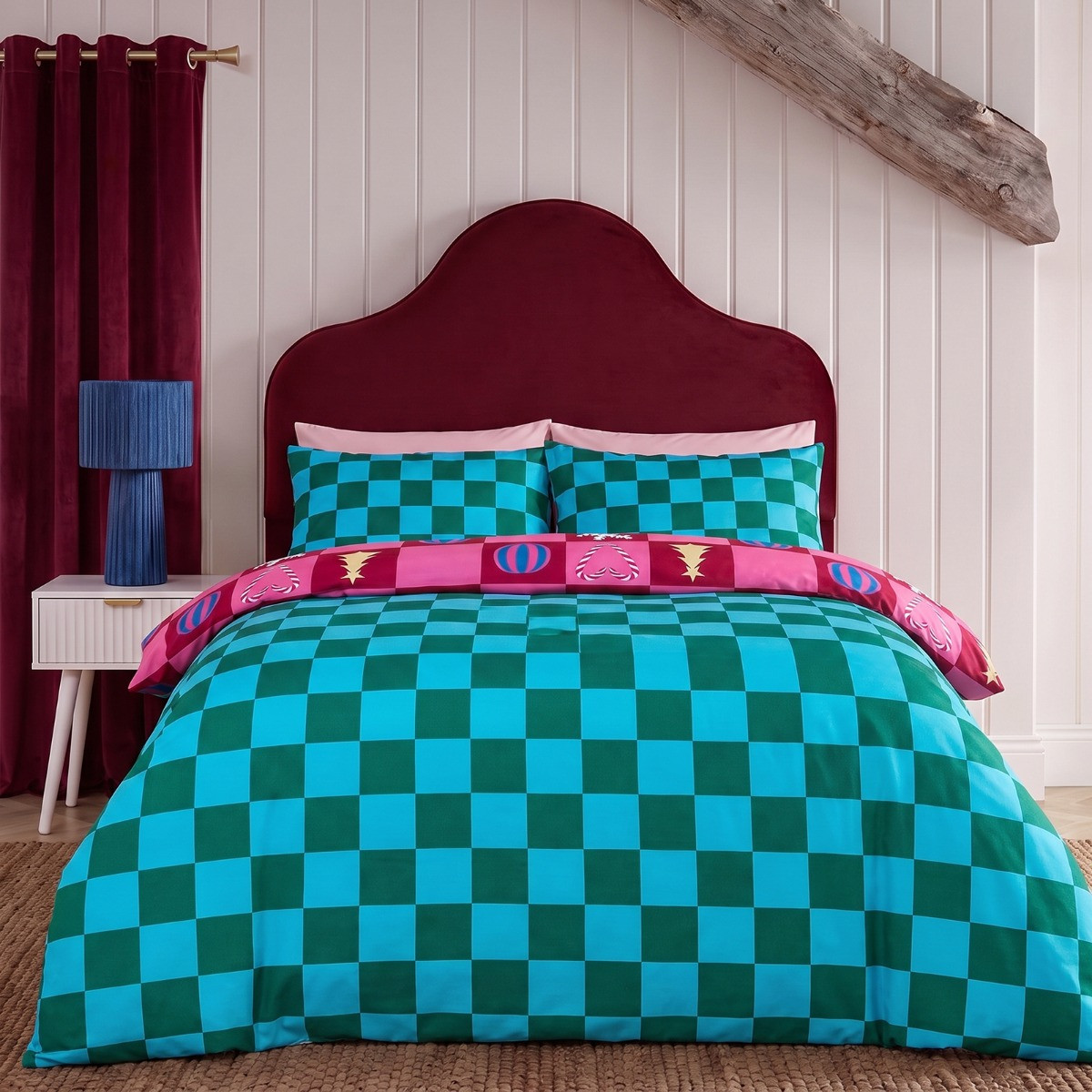 OHS Christmas Checkerboard Reversible Duvet Cover Set - Multi>