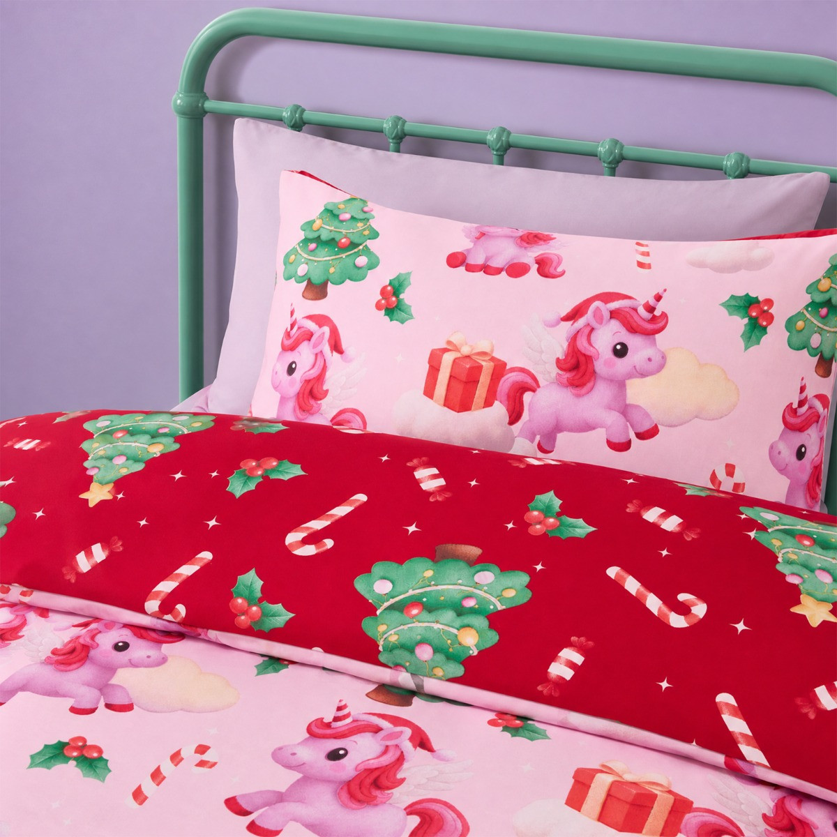 OHS Christmas Unicorn Print Reversible Duvet Cover Set, Pink/Red - Single>