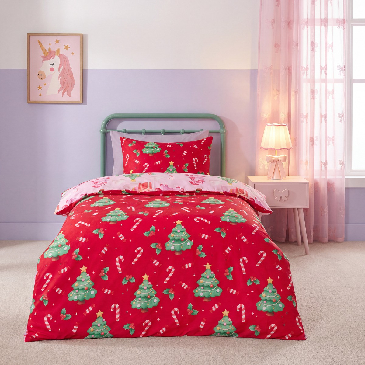OHS Christmas Unicorn Print Reversible Duvet Cover Set, Pink/Red - Single>