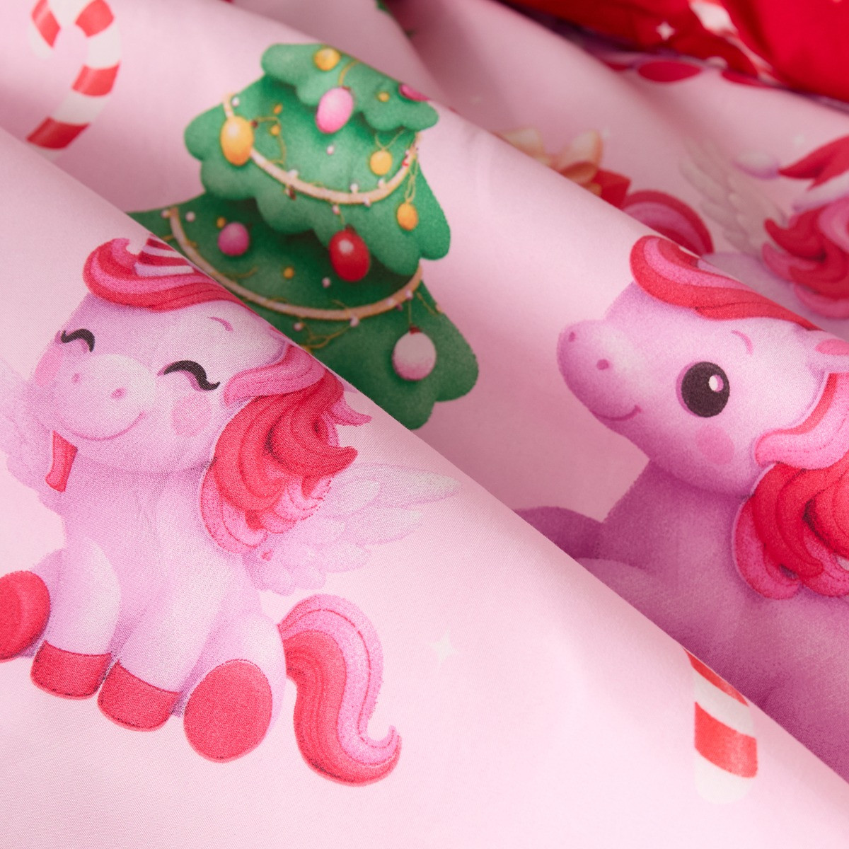 OHS Christmas Unicorn Print Reversible Duvet Cover Set, Pink/Red - Single>