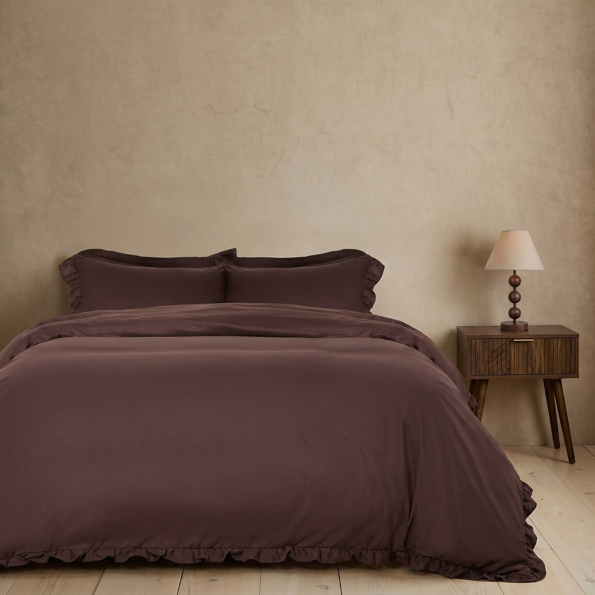 OHS Frill Edge Duvet Cover Set - Coffee>