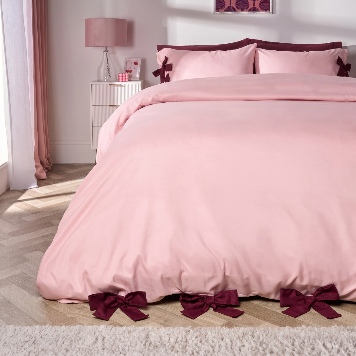 OHS Bow Tie Plain Dyed Duvet Cover Set - Blush/Burgundy>