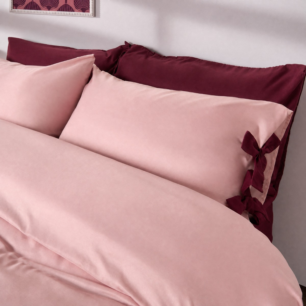 OHS Bow Tie Plain Dyed Duvet Cover Set - Blush/Burgundy>