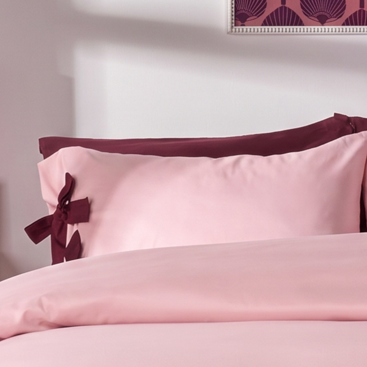 OHS Bow Tie Plain Dyed Duvet Cover Set - Blush/Burgundy>