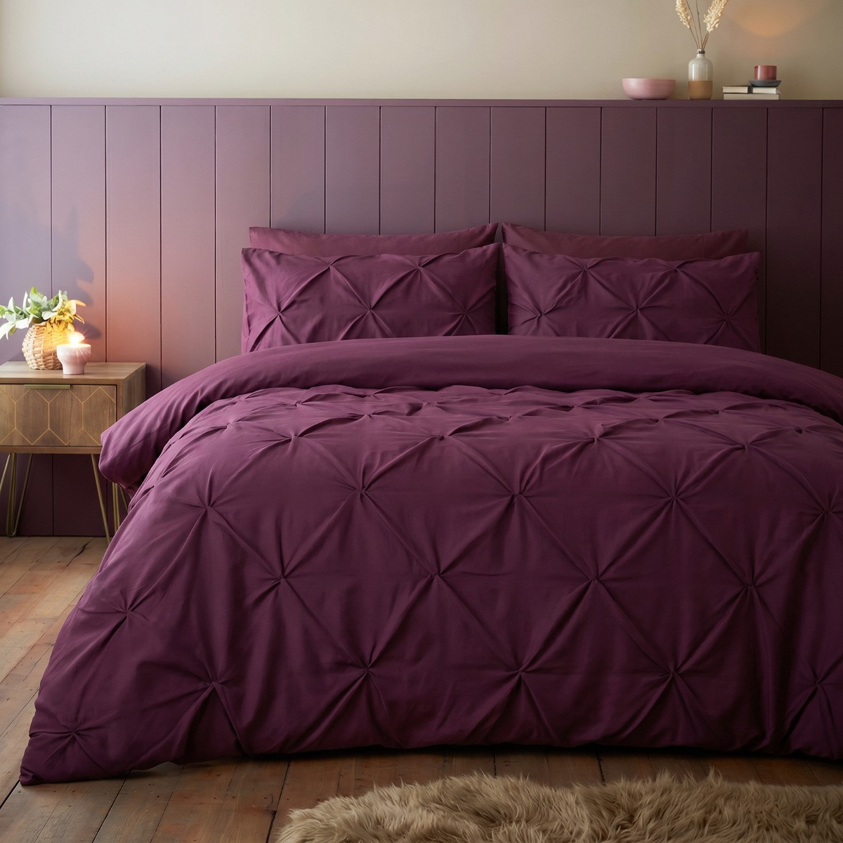 OHS Diamond Pintuck Pinch Pleat Duvet Cover Set - Plum>