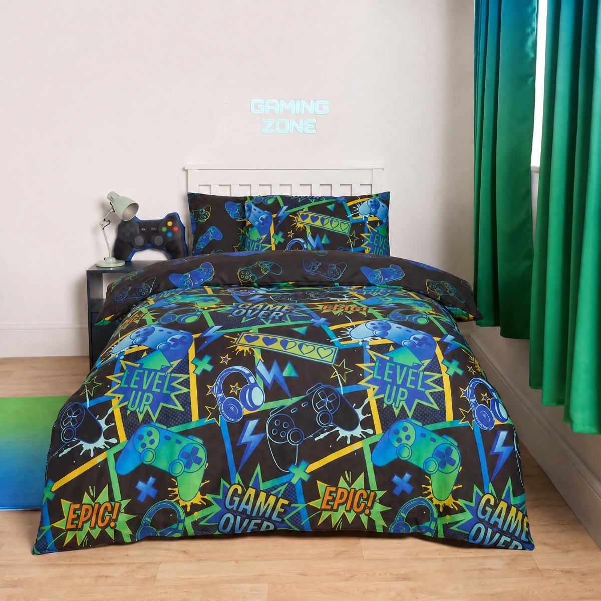 OHS Polycotton Comic Gaming Duvet Cover Set - Neon Green>