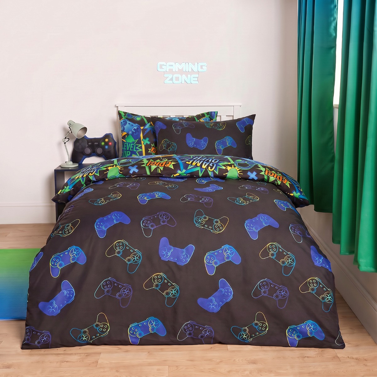 OHS Polycotton Comic Gaming Duvet Cover Set - Neon Green>