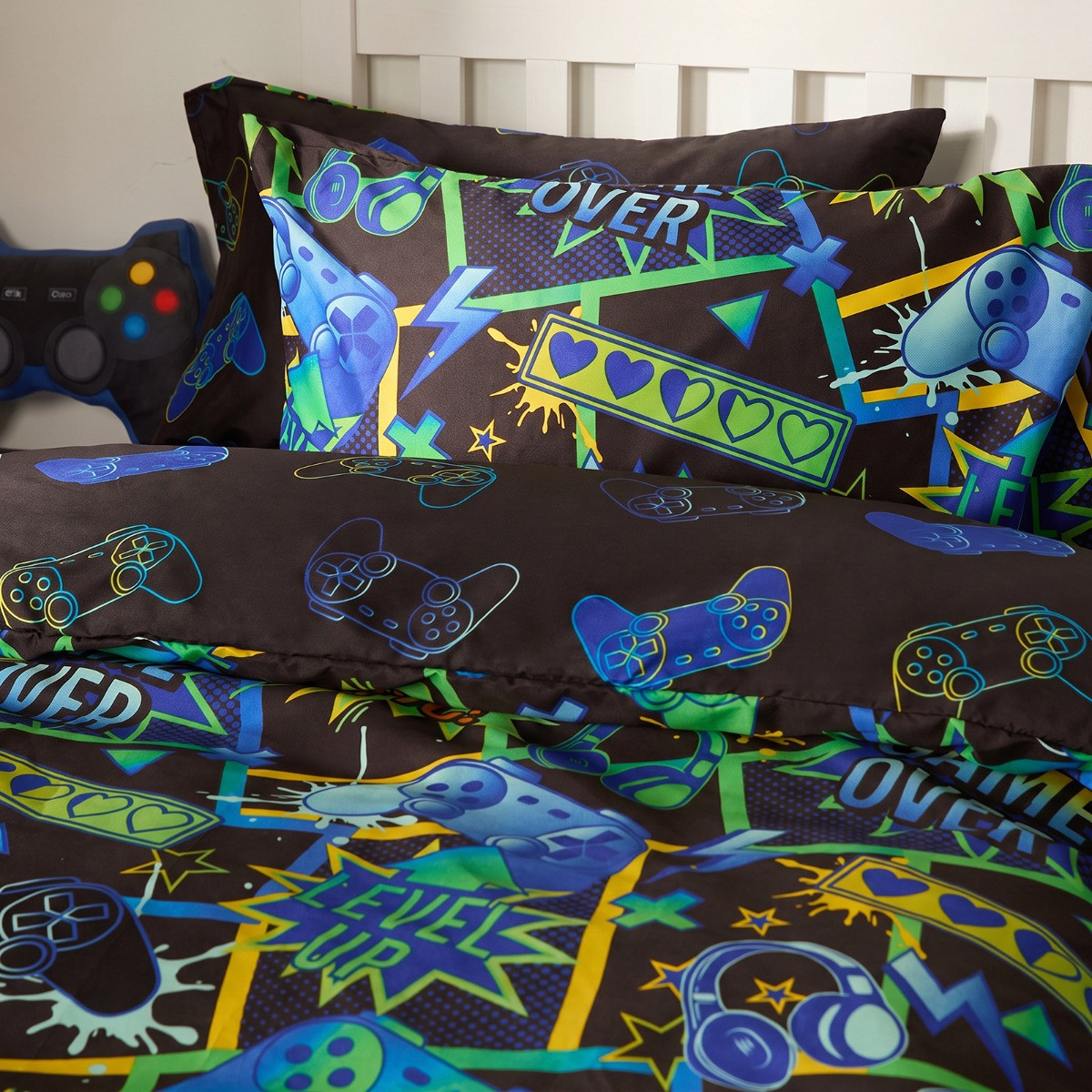 OHS Polycotton Comic Gaming Duvet Cover Set - Neon Green>