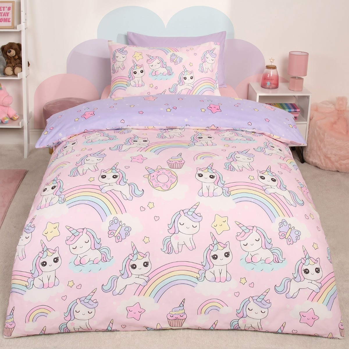 OHS Unicorn Sticker Print Reversible Duvet Cover Set, Pink - Single>