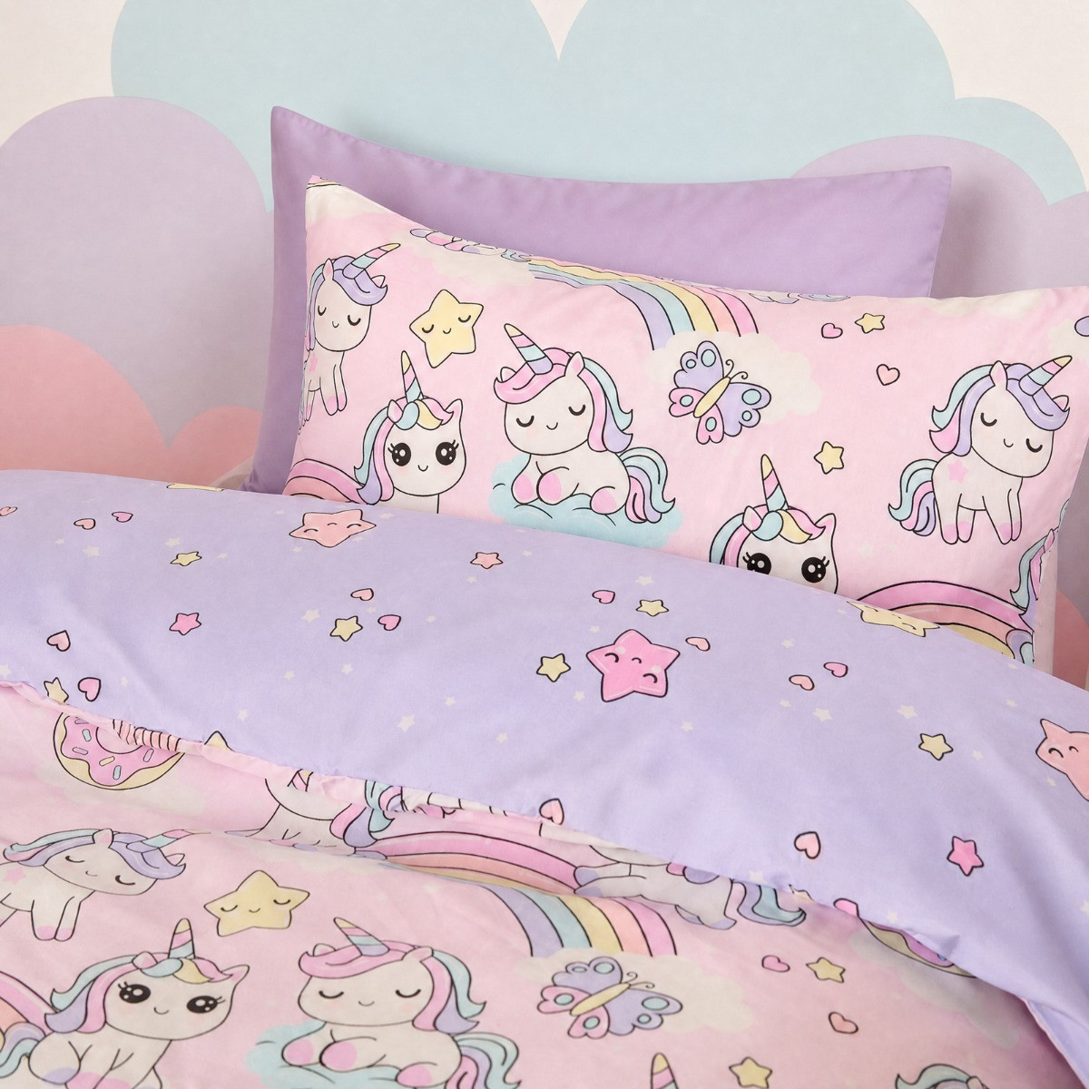 OHS Unicorn Sticker Print Reversible Duvet Cover Set, Pink - Single>