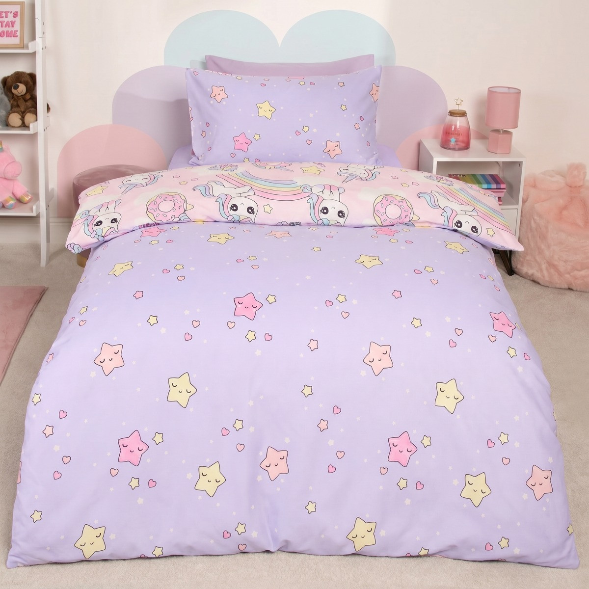 OHS Unicorn Sticker Print Reversible Duvet Cover Set, Pink - Single>