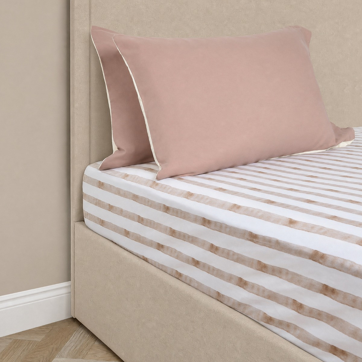 OHS Stripe Print Fitted Sheet - White/Brown>